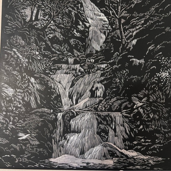 Vintage Landscape Waterfall Etching Framed 9x11 EUC Etched Art Picture - Picture 4 of 6